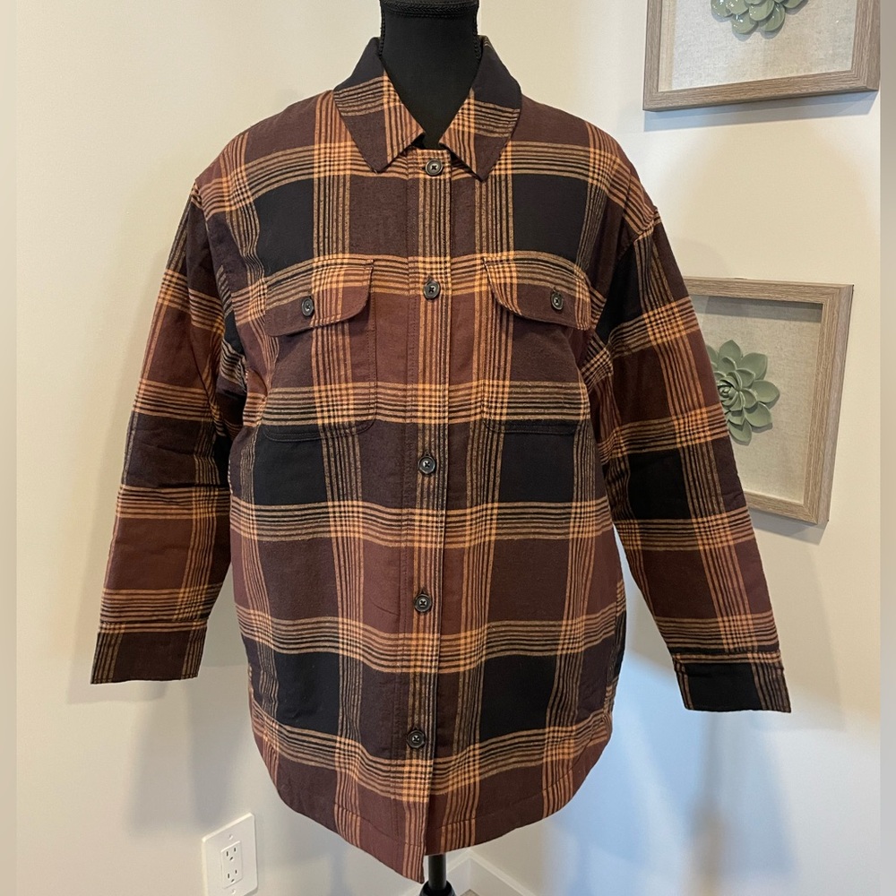 tentree Women's Kapok Brown Plaid Flannel Insulated Utility Shacket NWT!